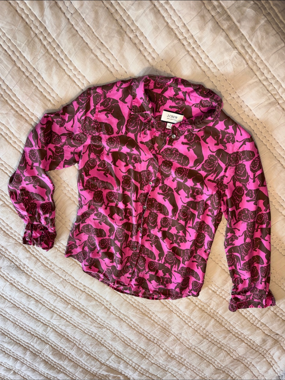 Women's Pink and Brown Lion-Print Button Down Blouse - Brand: J. Crew